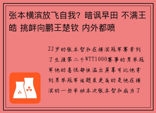 张本横滨放飞自我？暗讽早田 不满王皓 挑衅向鹏王楚钦 内外都喷